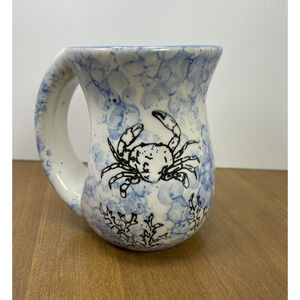 Blue Spongeware Mug Crab Coral Design Extra Large Handle Nautical Beach House